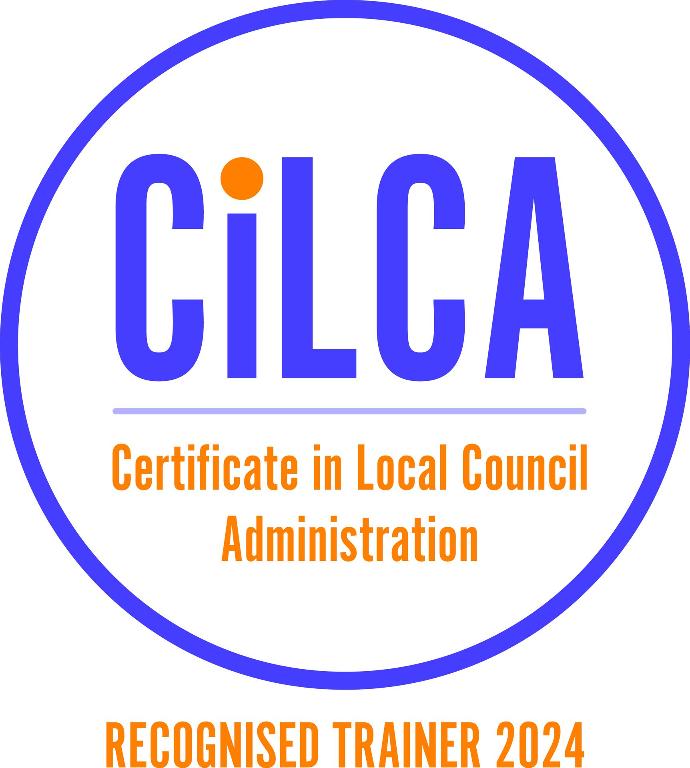 Logo for CiLCA, featuring "Certificate in Local Council Administration" and "Recognised Trainer 2024" in blue and orange.